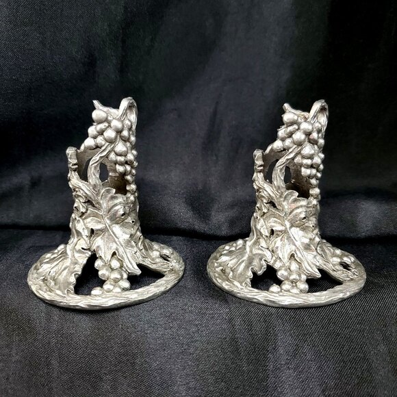 Pair Of 1991 Grape Leaf Seagull Canada Etain Fine Pewter Taper Candle Holders - Picture 2 of 13